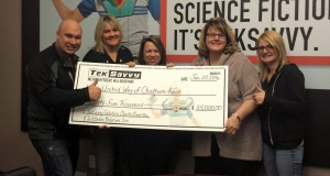 TekSavvy CEO Pierre Aube, with TekSavvy employees Shannon Bell and Christine Havens, UWOCK Campaign Co-Chair Kelly Bayda, and TekSavvy Charity Committee member Candice Pletsch. 