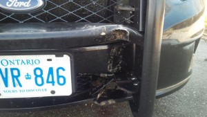 Damaged OPP Cruiser. Photo courtesy of Chatham-Kent OPP