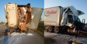 Two trucks collided on the 401. Photos courtesy of the OPP.