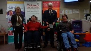 Photo (from left to right): Donna Litwin-Makey (Executive Director of the Children’s Treatment Centre), Joey Demars (Life Links Participant), Rick Nicholls (MPP for Chatham-Essex), Christian Picard (Past Life Links client and current advocate). 