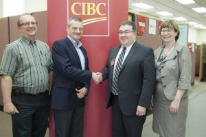 Jerome Quenneville, Vice President and Chief Financial Officer, Rob Devitt, Hospital Supervisor, Don Fuoco, Manager, CIBC, and Lori Marshall, President and CEO pictured at CIBC in Chatham.