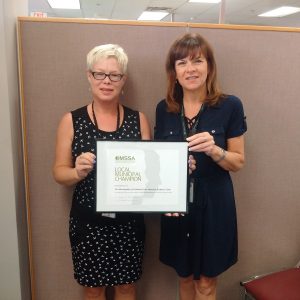 Chantal Perry, Program Manager with ESS and Valerie Colasanti, Chatham-Kent Director of Employment and Social Services with the Ontario Municipal Social Services Local Municipal Champion award.