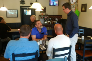 MPP Monte McNaughton talking to constituents at Burns Bakery in Dresden. Photo courtesy of Monte McNaughton, via Twitter.